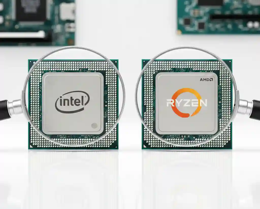 Comparison between Intel Core and AMD Ryzen processors on a white background with magnifying glasses. Side-by-side view of Intel and AMD CPU chips for PC hardware comparison. Close-up of modern computer processors showing Intel and Ryzen logos.