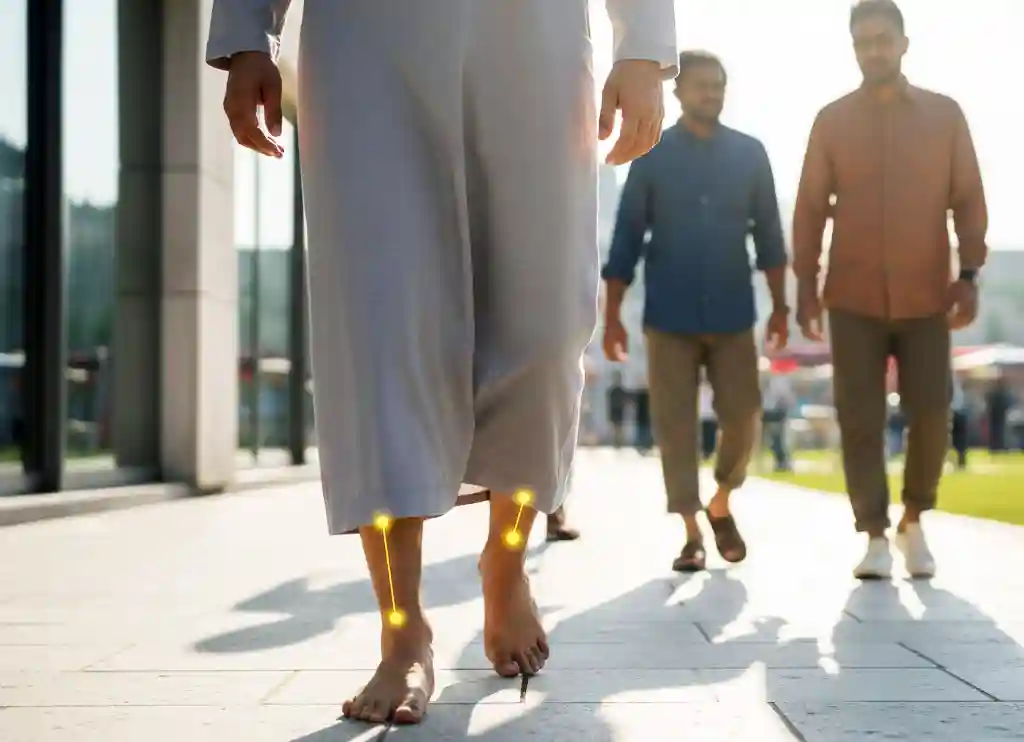 A man walking outdoors wearing a traditional thobe/clothing kept above the ankle, with glowing highlight effects on the ankle points to symbolize health and scientific benefits.