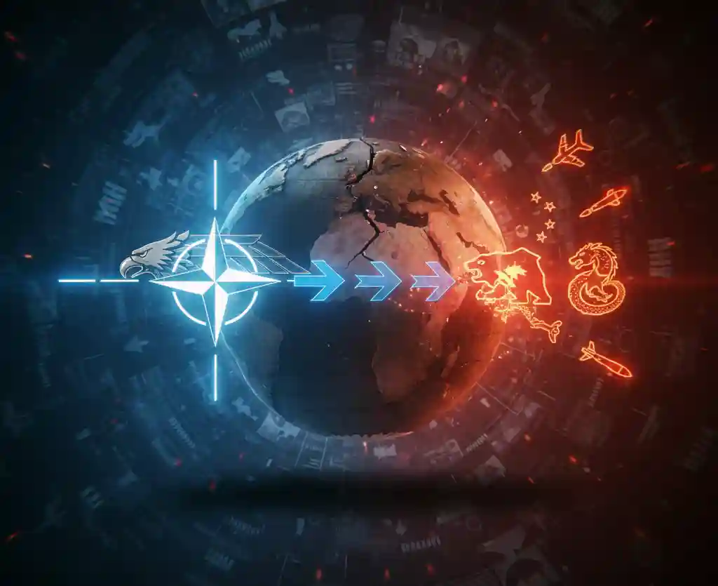 Conceptual digital art of a cracked globe divided by a blue glowing NATO symbol and a red glowing dragon and bear symbol, representing global security crisis and military tension.