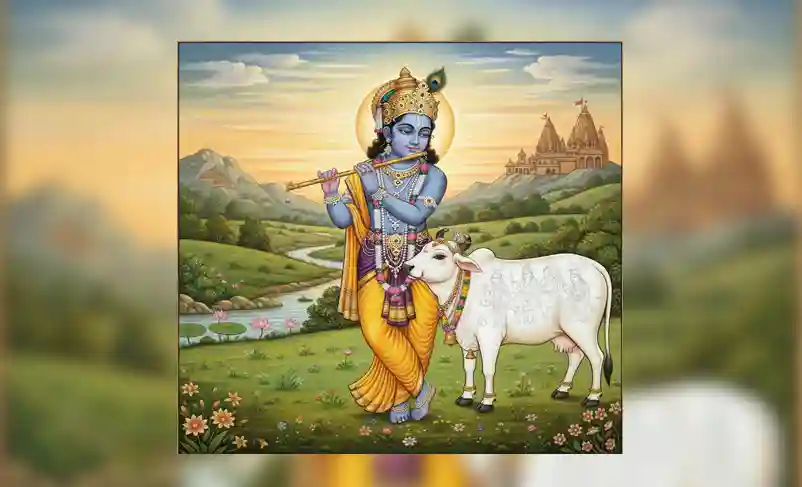 Lord Krishna with sacred cow in Vaikuntha landscape illustration. শ্রীকৃষ্ণ এবং পবিত্র গাভীর শৈল্পিক চিত্র - সনাতন ধর্মে গরুর গুরুত্ব। Traditional Indian art style painting of Krishna and Kamadhenu. বৃন্দাবনের পটভূমিতে কৃষ্ণ ও সাদা গরুর অলঙ্কৃত ছবি।